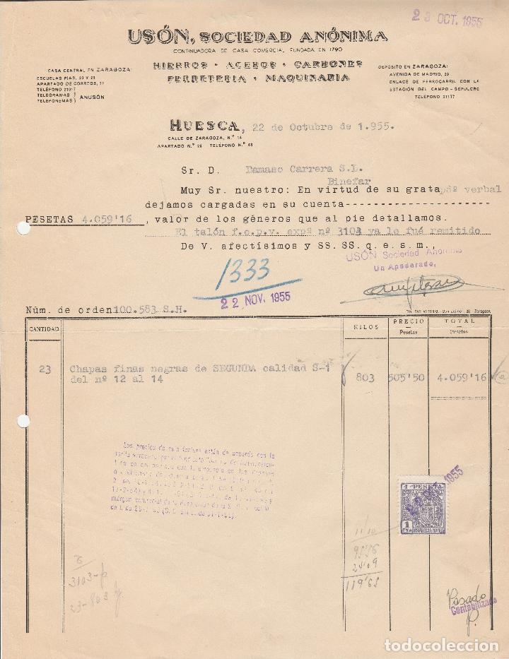 Fatture antiche: FACTURA. US&Oacute;N, SOCIEDAD AN&Oacute;NIMA. HIERRO - ACEROS - CARBONES. HUESCA. 1955.