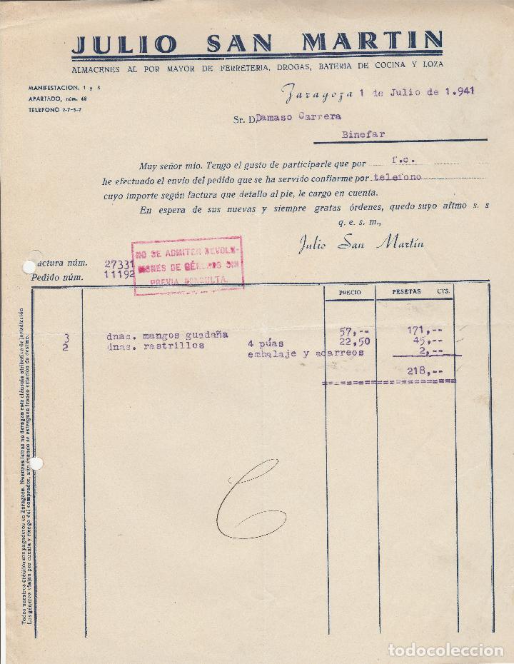Fatture antiche: FACTURA. JULIO SAN MARTIN. ALMACENES AL POR MAYOR DE FERRETERIA. BATERIA DE COCINA. ZARAGOZA. 1941.