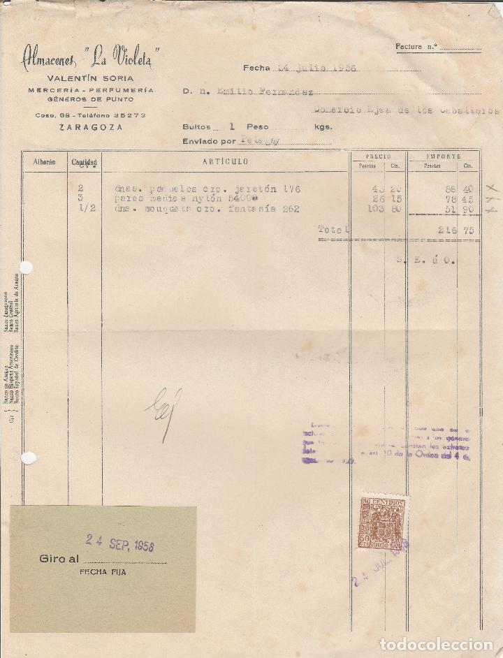 Fatture antiche: FACTURA. ALMACENES LA VIOLETA. MERCER&Iacute;A - PERFUMER&Iacute;A, G&Eacute;NEROS DE PUNTO. ZARAGOZA. 1956.