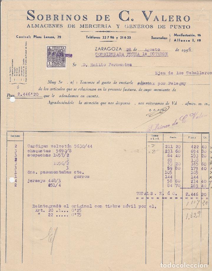 Fatture antiche: FACTURA. SOBRINOS DE C.VALERO. ALMACENES DE MERCER&Iacute;A Y G&Eacute;NEROS DE PUNTO. ZARAGOZA. 1956.