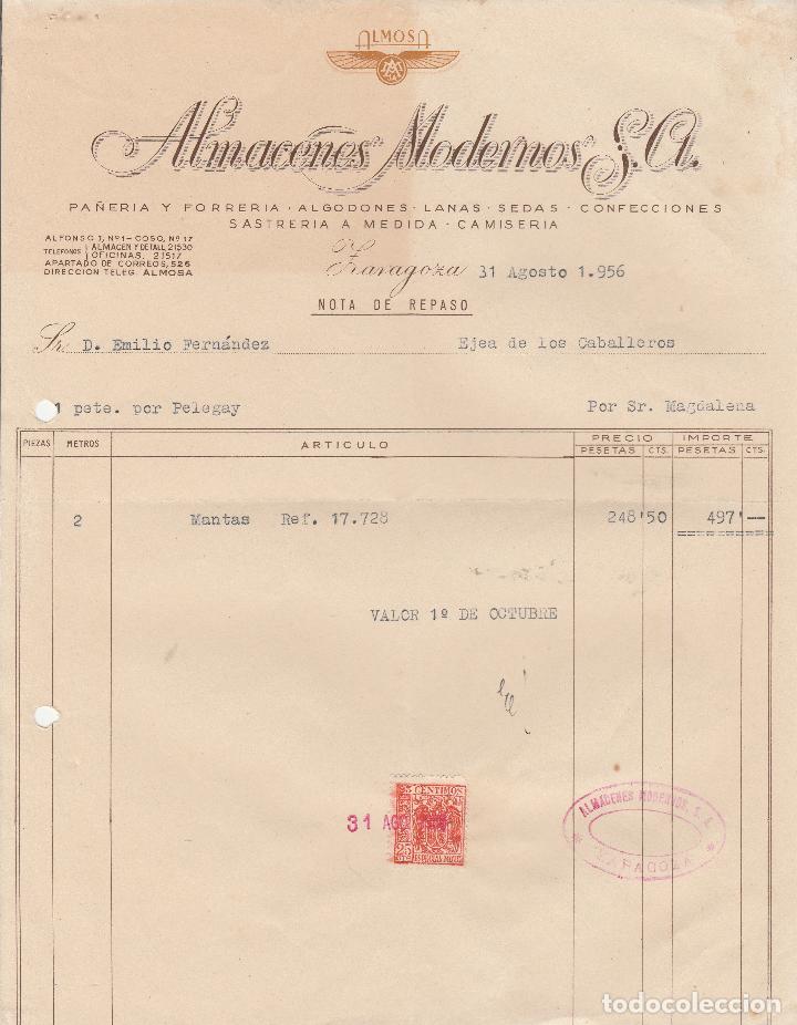 Fatture antiche: FACTURA. ALMACENES MODERNOS S.A. PA&Ntilde;ERIA Y FORRERIA. SASTRERIA A MEDIDA. CAMISERIA. ZARAGOZA. 1956.