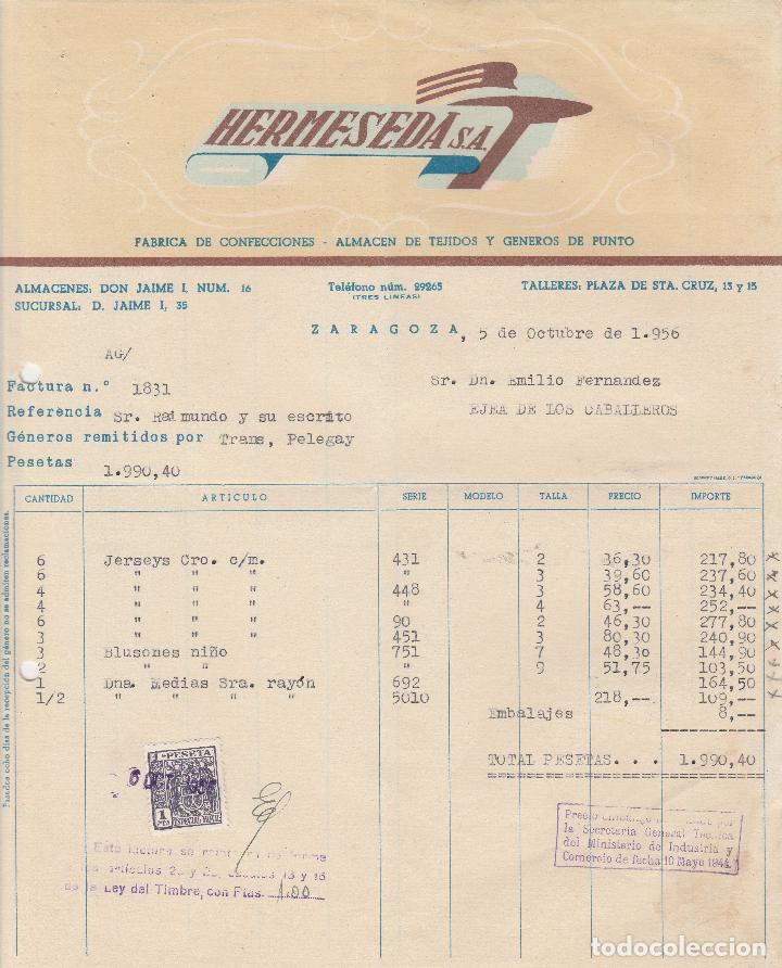 Factures anciennes: FACTURA. HERMESEDA S.A. F&Aacute;BRICA DE CONFECCIONES. ALMAC&Eacute;N DE TEJIDOS. ZARAGOZA. 1956