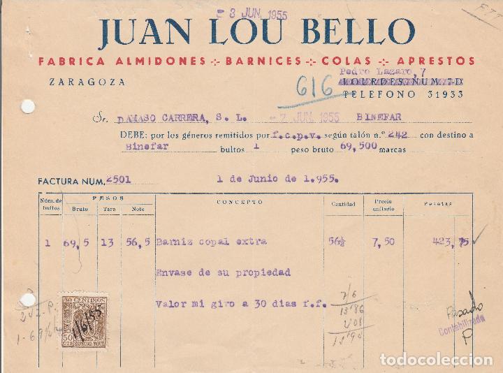 Factures anciennes: FACTURA. JUAN LOU BELLO. ZARAGOZA. 1955.