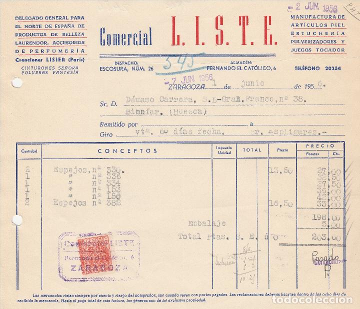 Factures anciennes: FACTURA. COMERCIAL L.I.S.T.E. MANUFACTURA DE ESTUCHERIA, PULVERIZADORES, TOCADOR. ZARAGOZA. 1956.