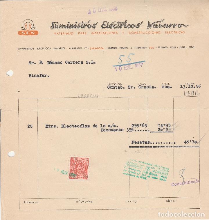Factures anciennes: FACTURA. SUMINISTROS EL&Eacute;CTRICOS NAVARRO. MATERIAL PARA INSTALACIONES EL&Eacute;CTRICAS. ZARAGOZA. 1957.