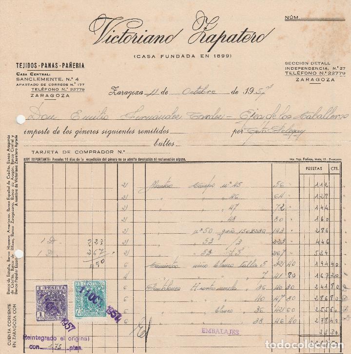 Factures anciennes: FACTURA. VICTORIANO ZAPATERO. TEJIDOS - LANA- PA&Ntilde;ER&Iacute;A. ZARAGOZA. 1957.