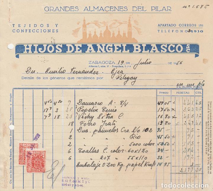 Factures anciennes: FACTURA. HIJOS DE ANGEL BLASCO. S.C. TEJIDOS CONFECCIONES. ZARAGOZA. 1956.