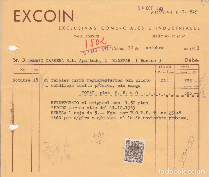 Factures anciennes: FACTURA. EXCOIN. EXCLUSIVAS COMERCIALES E INDUSTRIALES. VALENCIA. 1963.