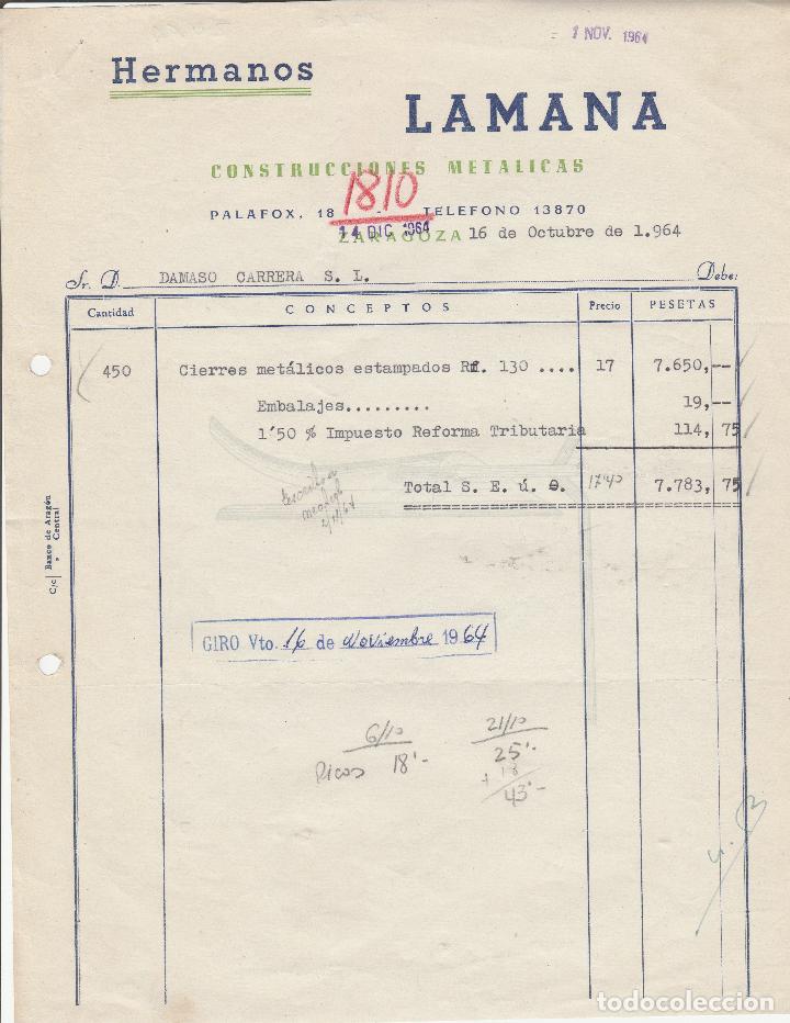 Factures anciennes: FACTURA. HERMANOS LAMANA. ZARAGOZA. 1964.