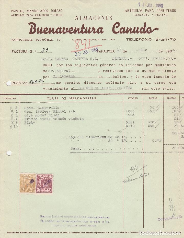 Factures anciennes: FACTURA. BUENAVENTURA CANUDO. PAPELES, MANIPULADOS, BOLSAS. ART&Iacute;CULOS PARA CONFITEROS.ZARAGOZA 1960.