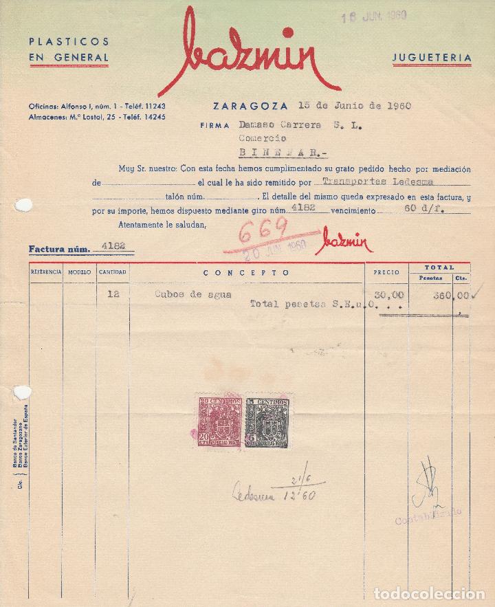 Factures anciennes: FACTURA. BAZMIN. PL&Aacute;STICO EN GENERAL. JUGUETERIA. ZARAGOZA. 1960.