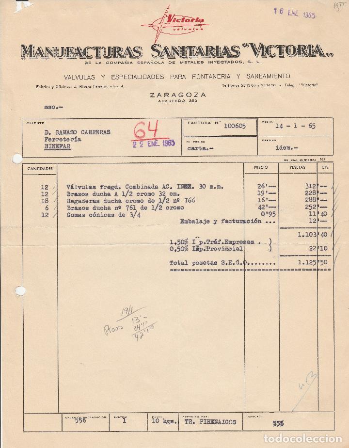 Factures anciennes: FACTURA. MANUFACTURAS SANITARIAS VICTORIA. V&Aacute;LVULAS Y ESPECIALIDADES PAR FONTANER&Iacute;A. ZARAGOZA. 1965.