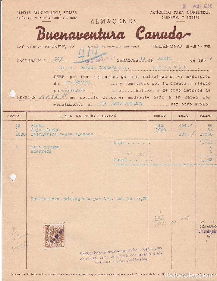 Factures anciennes: FACTURA. BUENAVENTURA CANUDO. PAPELES, MANIPULADOS, BOLSAS. ART&Iacute;CULOS PARA CONFITEROS.ZARAGOZA 1956.