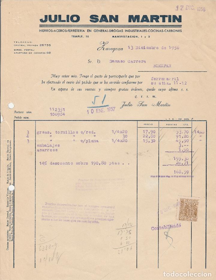 Factures anciennes: FACTURA. JULIO SAN MARTIN. HIERROS-ACEROS-FERRETER&Iacute;A EN GENERAL. ZARAGOZA. 1956.