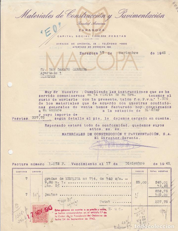 Factures anciennes: FACTURA. MATERIALES DE CONSTRUCCI&Oacute;N Y PAVIMENTACI&Oacute;N, SOCIEDAD AN&Oacute;NIMA. ZARAGOZA. 1945.
