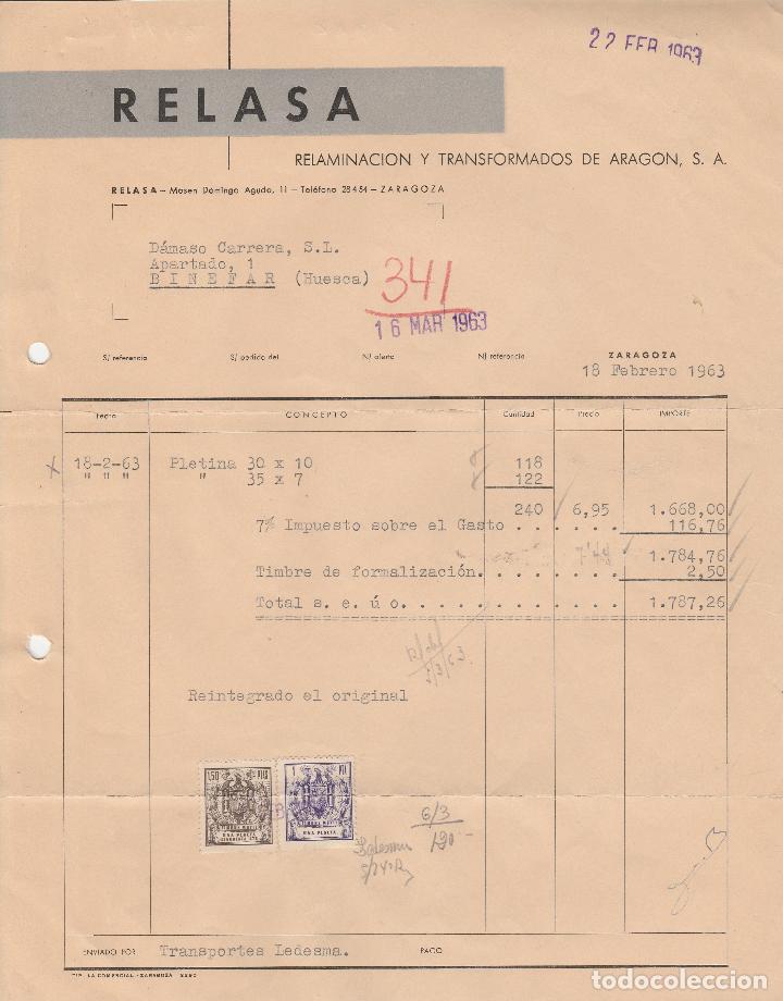 Factures anciennes: FACTURA. RELASA. RELAMINACI&Oacute;N Y TRANSFORMADOS DE ARAG&Oacute;N, S.A. ZARAGOZA. 1963.