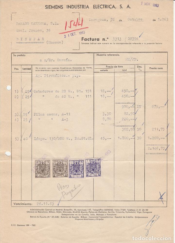 Factures anciennes: FACTURA. SIEMENS INDUSTRIAS EL&Eacute;CTRICAS, S.A. MADRID. 1963.