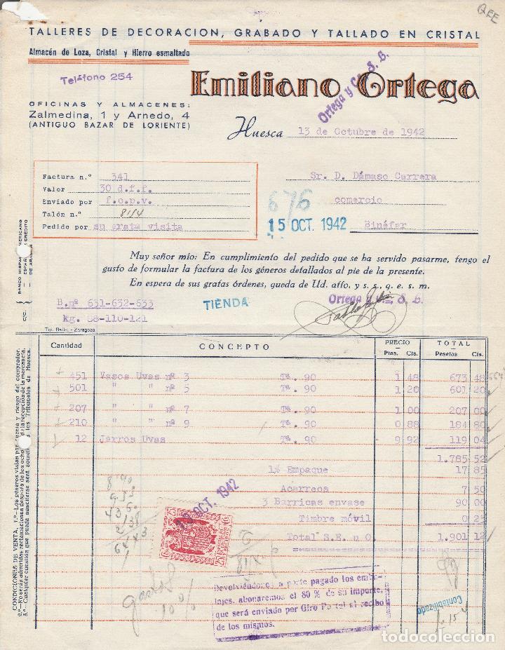 Factures anciennes: FACTURA. EMILIANO ORTEGA. TALLERES DE DECORACI&Oacute;N, GRABADO Y TALLADO EN CRISTAL. HUESCA. 1942.