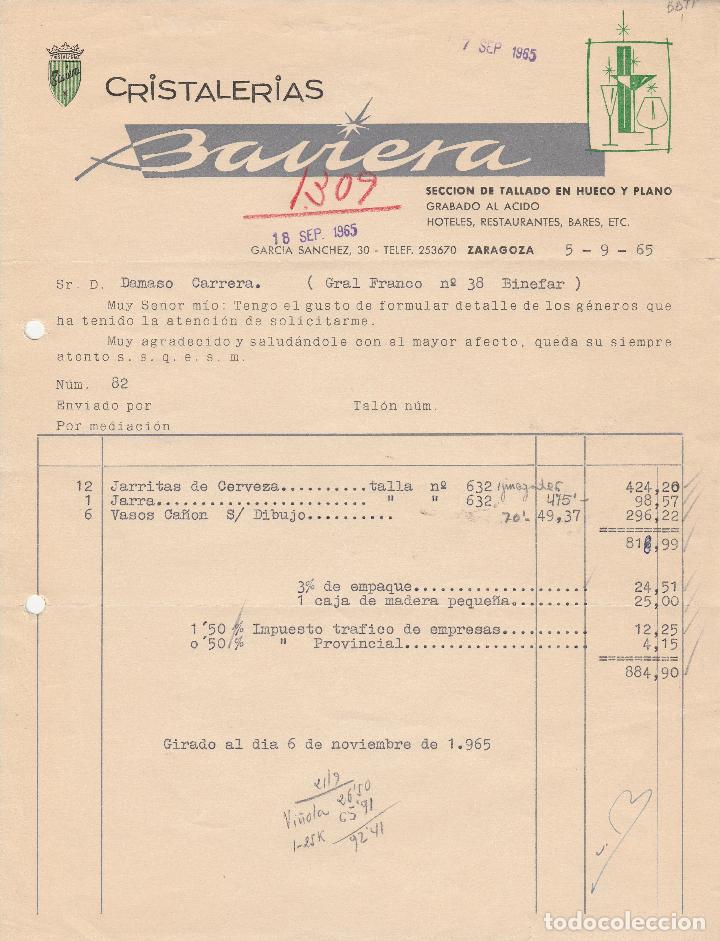Alte Rechnungen: FACTURA. CRISTALER&Iacute;A BAVIERA. ZARAGOZA. 1965.