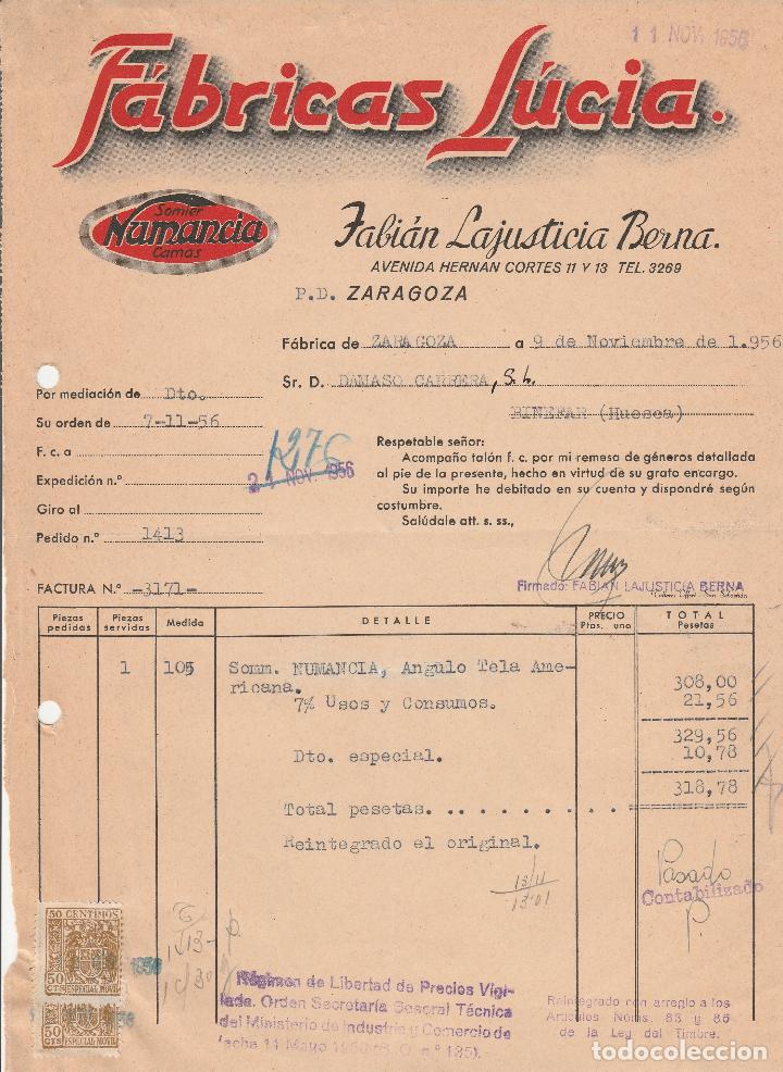 Alte Rechnungen: FACTURA. F&Aacute;BRICAS L&Uacute;CIA. SOMIER NUMANCIA-CAMAS.  ZARAGOZA. 1956.