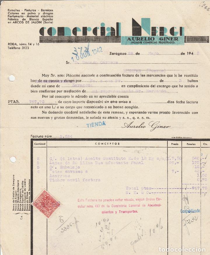 Alte Rechnungen: FACTURA. COMERCIAL NERCI. AURELIO GINER. ESMALTES, PINTURAS, BARNICES. ZARAGOZA. 1942.