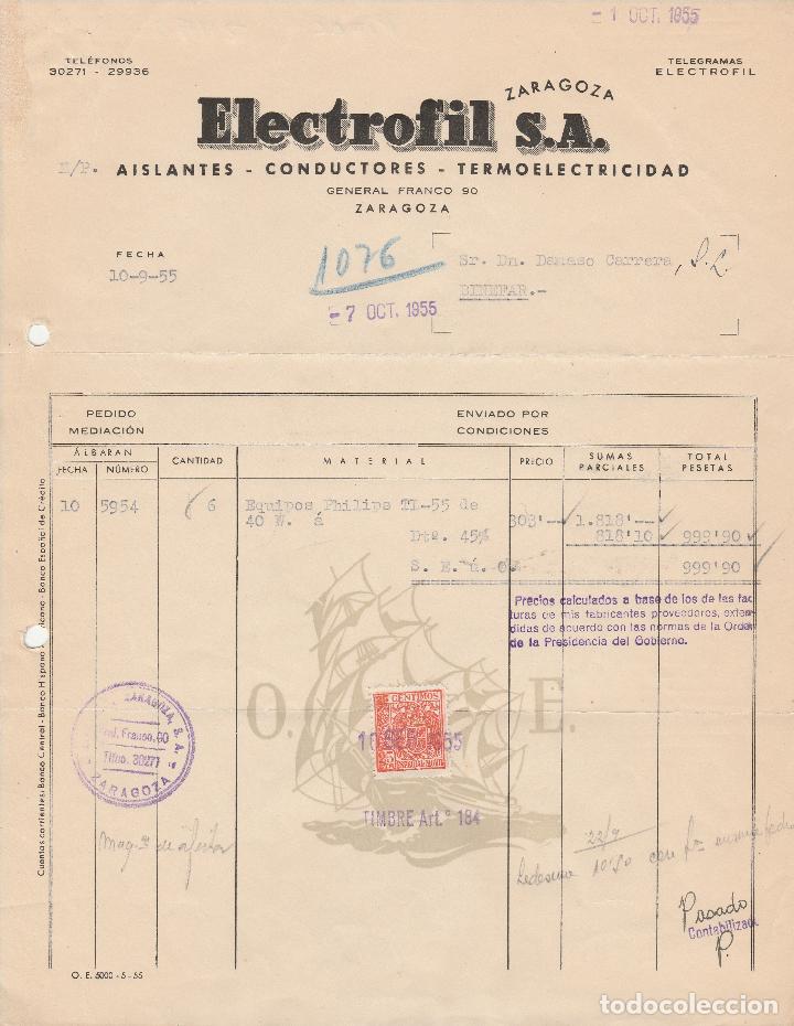 Alte Rechnungen: FACTURA. ELECTROFIL S.A. AISLANTES-CONDUCTORES-TERMOELECTRICIDAD. ZARAGOZA. 1955.