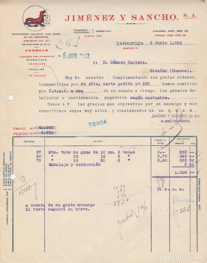 Alte Rechnungen: FACTURA. JIMENEZ Y SANCHO, S.A. ACCESORIOS PARA AUTOM&Oacute;VILES. ZARAGOZA. &acute;1942..