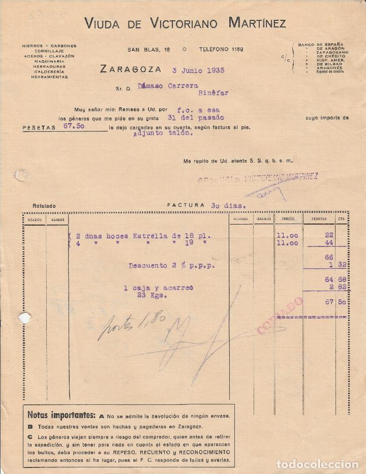 Alte Rechnungen: FACTURA. VIUDA DE VICTORIANO MARTINEZ. HIERROS-CARBONES-TORNILLAJES. ZARAGOZA. 1935.