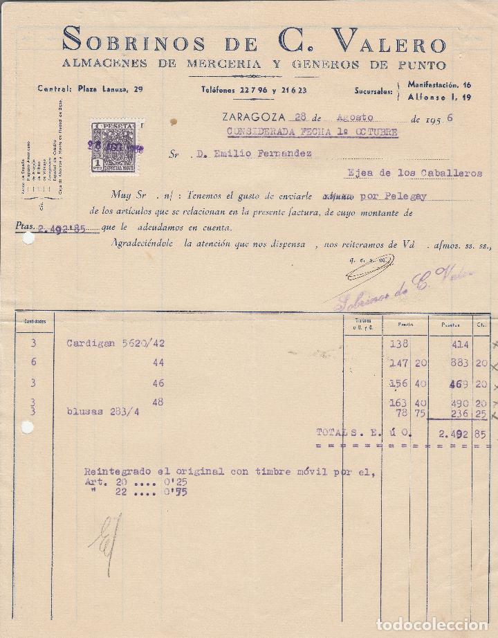 Alte Rechnungen: FACTURA. SOBRINOS DE C.VALERO. ALMACENES DE MERCER&Iacute;A Y G&Eacute;NEROS DE PUNTO. ZARAGOZA. 1956.