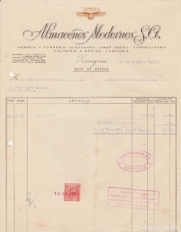Alte Rechnungen: FACTURA. ALMACENES MODERNOS S.A. PA&Ntilde;ERIA Y FORRERIA. SASTRERIA A MEDIDA. CAMISERIA. ZARAGOZA. 1957.