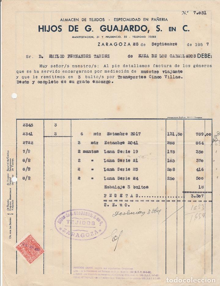 Alte Rechnungen: FACTURA. HIJOS DE G. GUAJARDO S. EN C. ALMAC&Eacute;N DE TEJIDOS. ESPECIALIDAD EN PA&Ntilde;ERIA. ZARAGOZA. 1957