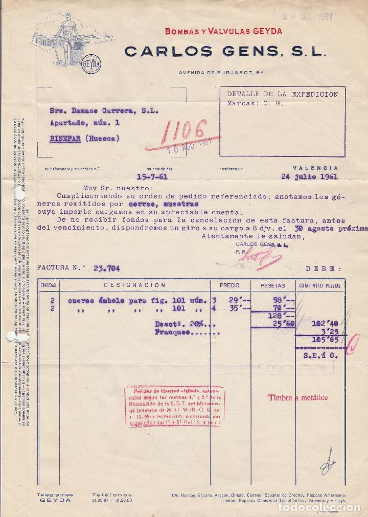 Alte Rechnungen: FACTURA. CARLOS GENS, S.L. BOMBAS Y VALVULAS GEYDA. VALENCIA. 1961.