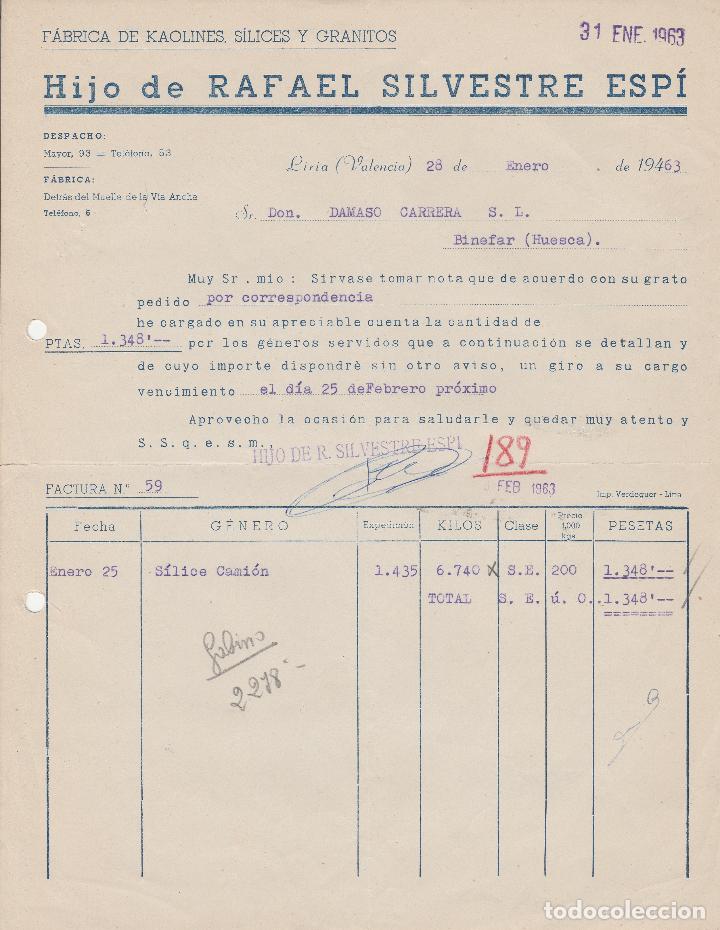 Alte Rechnungen: FACTURA. HIJO DE RAFAEL SILVESTRE ESPI. F&Aacute;BRICA DE KAOLINES, SILICES Y GRANITOS. LIRIA-VALENCIA.1963