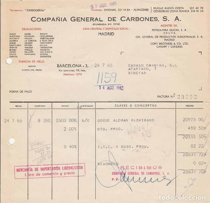 Alte Rechnungen: FACTURA. COMPA&Ntilde;&Iacute;A GENERAL DE CARBONES. SOCIEDAD AN&Oacute;NIMA. BARCELONA. 1965.