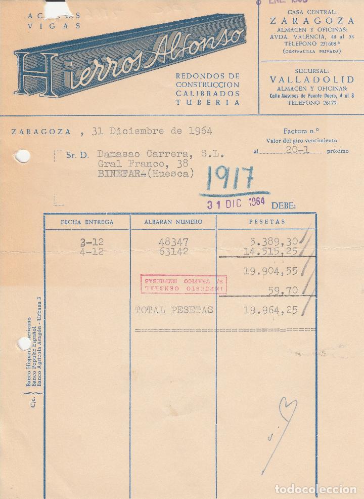 Alte Rechnungen: FACTURA. HIERROS ALFONSO. REDONDO DE CONSTRUCCI&Oacute;N TUBER&Iacute;A. ZARAGOZA. 1964.