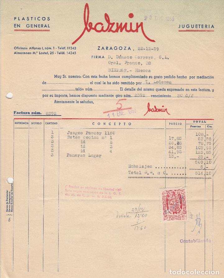 Alte Rechnungen: FACTURA. BAZMIN. PL&Aacute;STICO EN GENERAL. JUGUETERIA. ZARAGOZA. 1959.