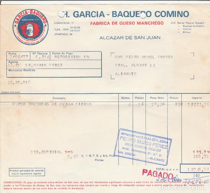 Faturas antigas: FACTURA. H.GARCIA - BAQUERO COMINO. F&Aacute;BRICA DE QUESO MANCHEGO. ALCAZAR DE SAN JUAN. 1977.