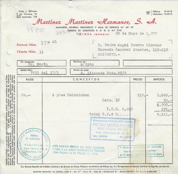 Faturas antigas: FACTURA. MARTINEZ MARTINEZ HERMANOS, S.A. MATADERO GENERAL. CIEZA-MURCIA. 1977.