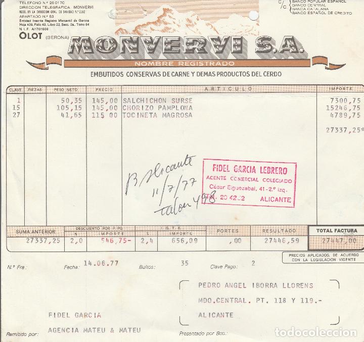 Faturas antigas: FACTURA. MONVERVI S.A, EMBUTIDOS CONSERVA DE CARNE. OLOT-GERONA. 1977.