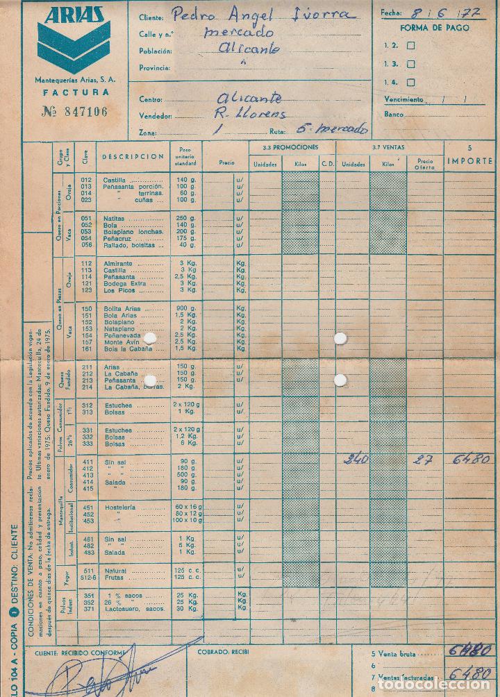 Faturas antigas: FACTURA. ARIAS. MANTEQUER&Iacute;A ARIAS S.A. ALICANTE. 1977.