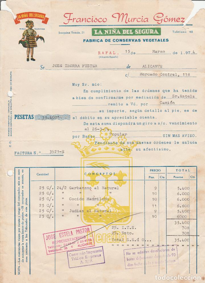 Faturas antigas: FACTURA. FRANCISCO MURCIA G&Oacute;MEZ. F&Aacute;BRICA DE CONSERVAS VEGETALES.  RAFAL-ALICANTE. 1974.