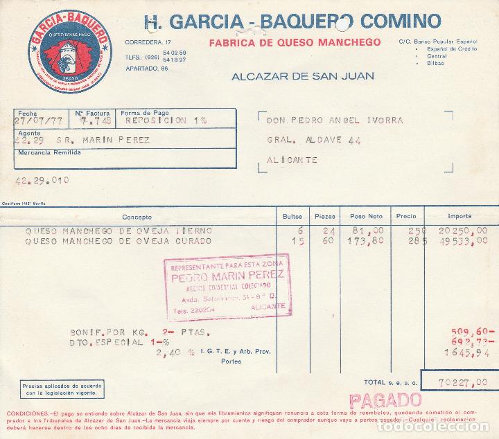 Faturas antigas: FACTURA. H.GARCIA - BAQUERO COMINO. F&Aacute;BRICA DE QUESO MANCHEGO. ALCAZAR DE SAN JUAN. 1977.