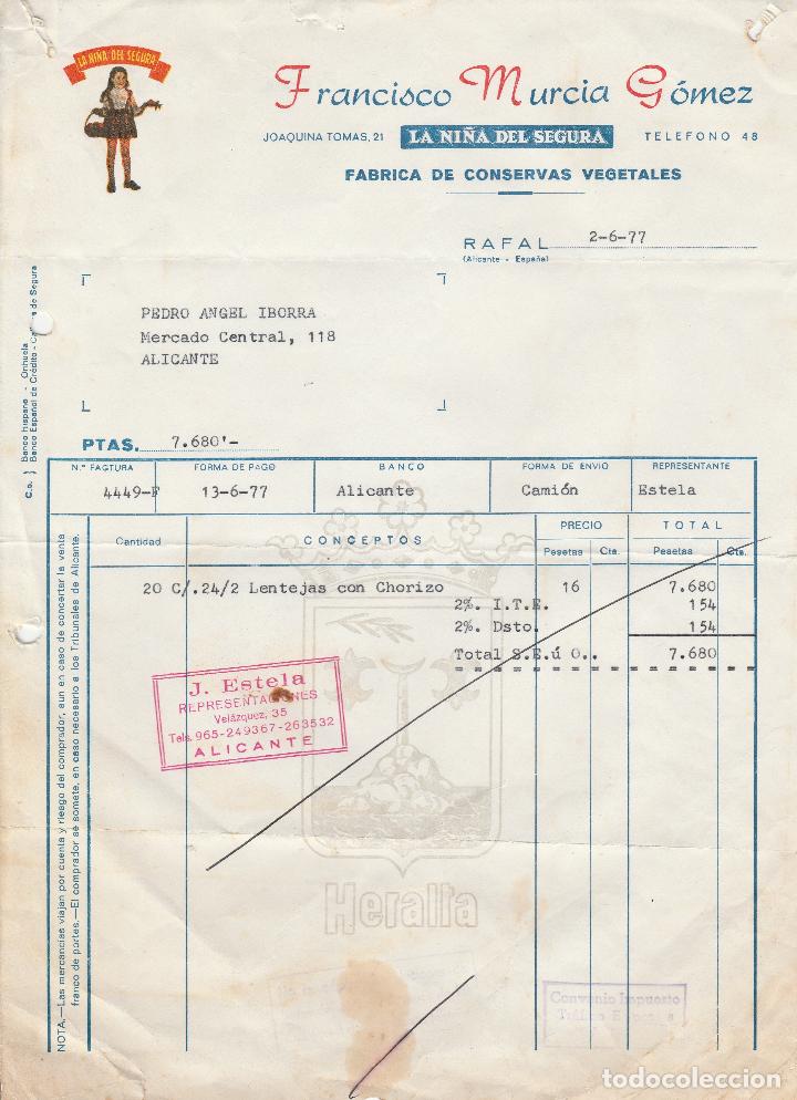 Faturas antigas: FACTURA. FRANCISCO MURCIA G&Oacute;MEZ. F&Aacute;BRICA DE CONSERVAS VEGETALES. RAFAL-ALICANTE. 1977.