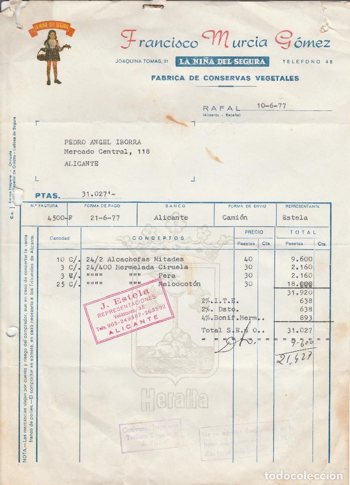 Faturas antigas: FACTURA. FRANCISCO MURCIA G&Oacute;MEZ. F&Aacute;BRICA DE CONSERVAS VEGETALES. RAFAL-ALICANTE. 1977.