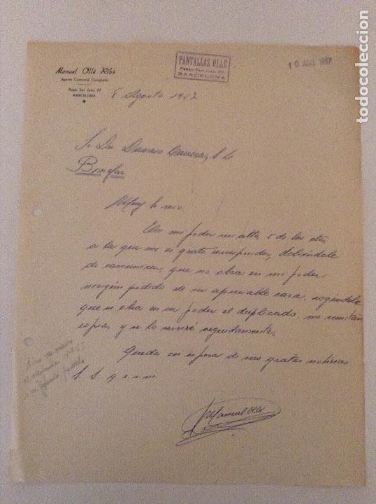 Old Invoices: CARTA COMERCIAL DE MANUEL OLL&Eacute; RIB&Oacute;. BARCELONA. 1957