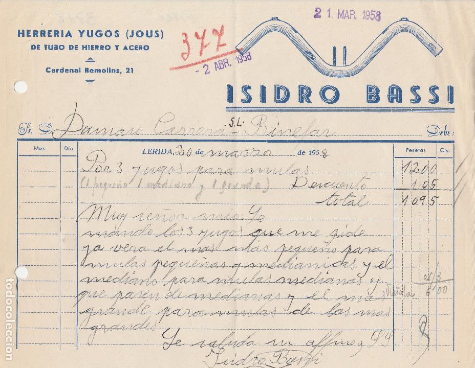 Alte Rechnungen: FACTURA. ISIDRO BASSI. HERRERIA YUGOS DE TUBO DE HIERRO Y ACERO. LERIDA. 1958.
