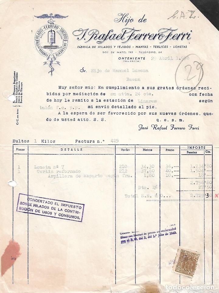 Factures anciennes: Factura. Hijo de J.Rafael Ferrero Ferri. F&aacute;brica de Hilados y Tejidos. Valencia. Espa&ntilde;a 1958