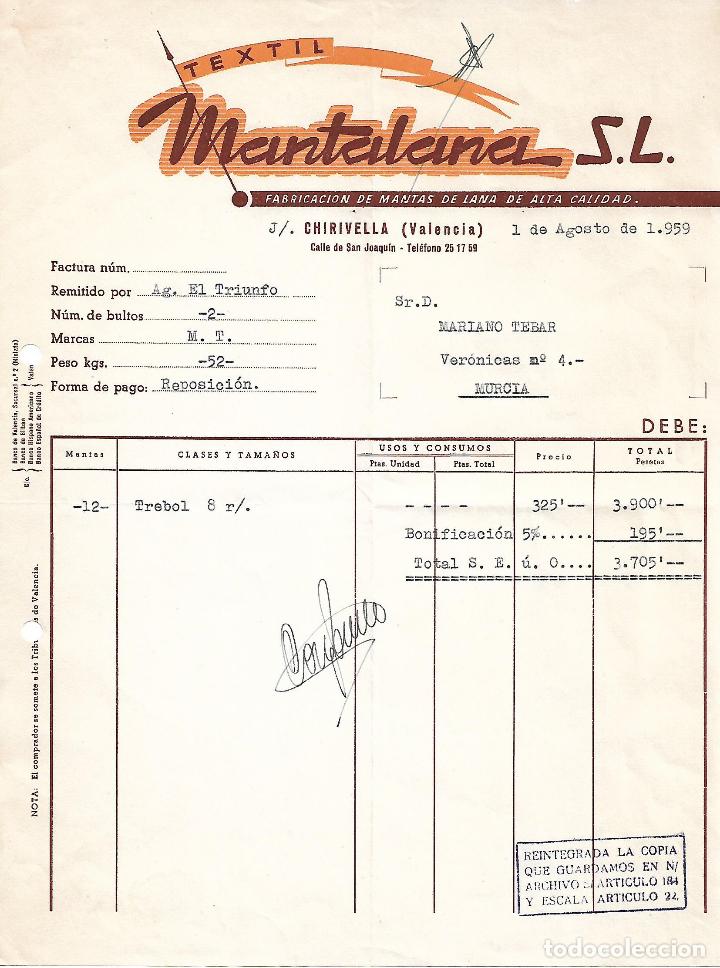 Old Invoices: Factura. Textil Mantalana, S.L. Fabricaci&oacute;n de mantas de lana de alta calidad. Valencia. Espa&ntilde;a 1959