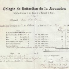 Facturas antiguas: ANTIGUO RECIBO. COLEGIO DE SEÑORITAS DE LA ASUNCIÓN, HIJAS DE LA CARIDAD DE HIJAR, TERUEL. 1903.
