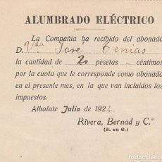 Facturas antiguas: ANTIGUO RECIBO COMPAÑÍA ALUMBRADO ELÉCTRICO RIVERA, BERNAD Y CIA, ALBALATE DEL ARZOBISPO TERUEL 1924. Lote 103507179